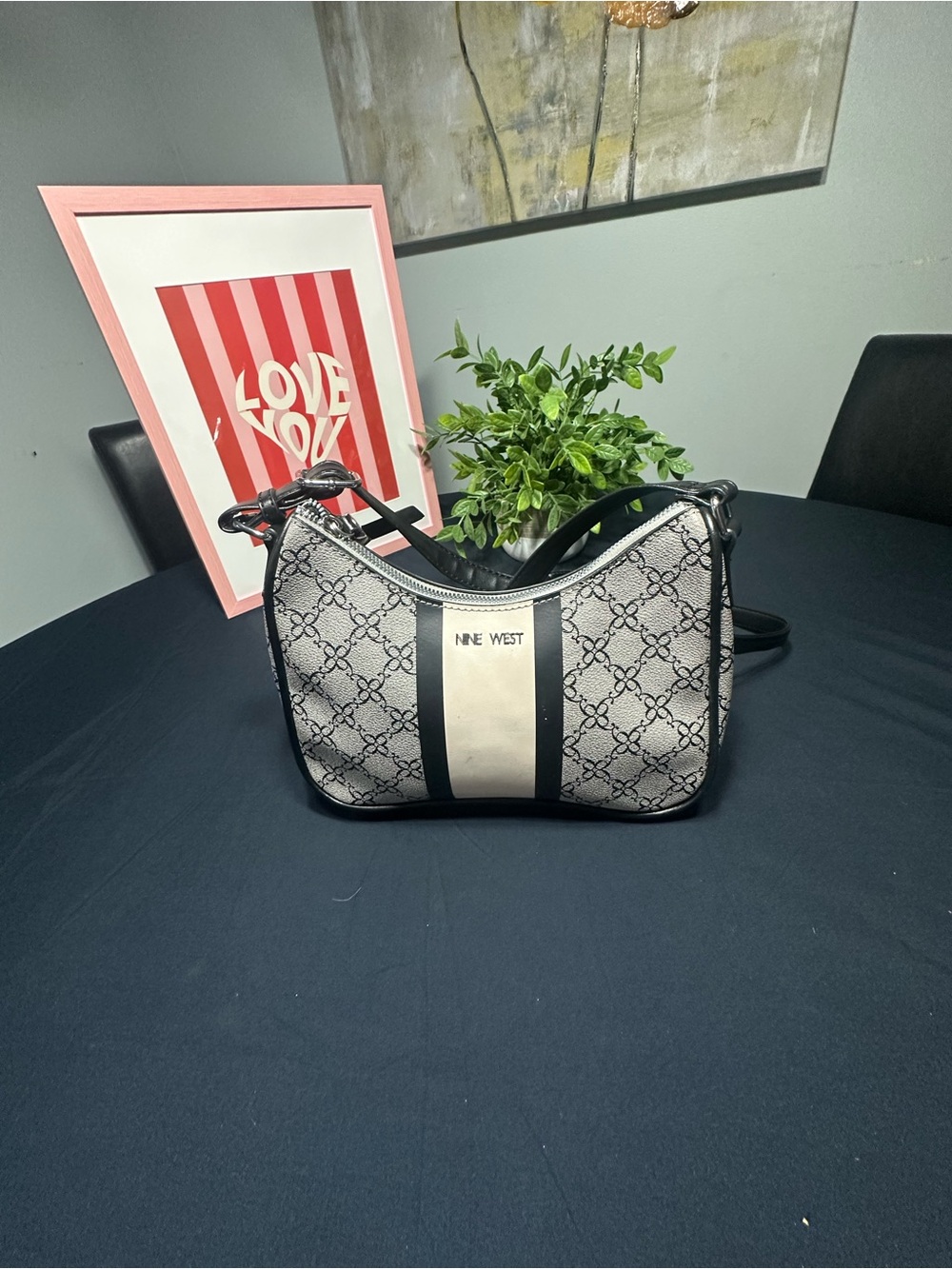 Nine West Gray Patterned Shoulder Bag with Black Trim and Cream Stripe